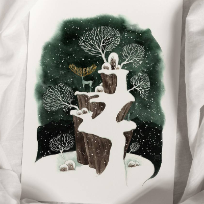 Zauberhafte Winterlandschaft mit Hirsch - handvergoldet - Aquarell - Kunstdruck- 32x41cm - Winter Dekoration - Wandbild