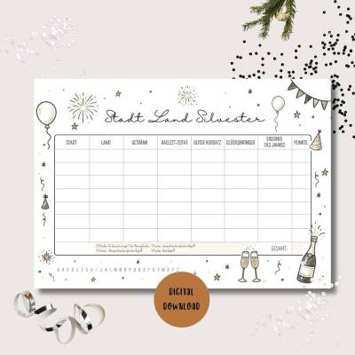 Stadt Land Silvester Spiel PDF, Neujahrsspiel zum Ausdrucken, A4 & A5 Vorlage, für Kinder & Erwachsene