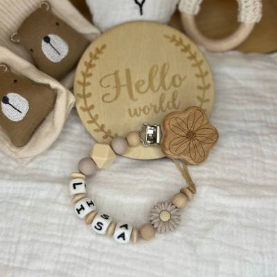 Schnullerkette mit Namen personalisiert– Blümchen für Mädchen - Naturtöne