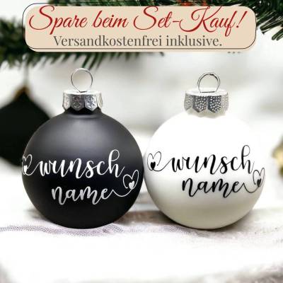 Personalisierte matt schwarze oder weiße Weihnachtskugeln aus Glas, Christbaumkugeln mit Name in Herzschrift