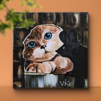 Neugierige Katze und das Mauseloch 20/20cm Original Gemälde - Handgemalt auf Leinwand - Katzenliebhaber Geschenkidee