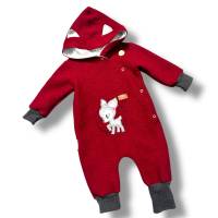 Walkoverall Gr. 74 weinrot – Wollwalk-Overall mit Jerseyfutter, Reh-Stickerei & Ohrenkapuze handgemacht