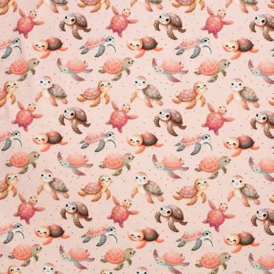 Jersey lachsrose mit Meeres-Schildkröten 50 x 150 cm Nähen Stoff dehnbar ♕