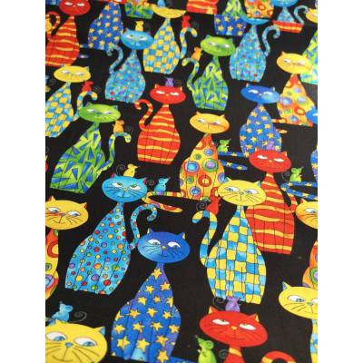 Baumwollstoff schwarz mit bunten Katzen – Patchworkstoff Meterware von Timeless Treasures CH4217 black