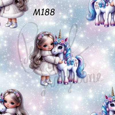 M188 Kinderstoff „Wintermädchen mit Zauber-Einhorn – Pastell Traumwelt voller Glitzer & Freundschaft“ – PummelPinguine