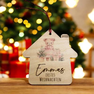Personalisierte Weihnachtsanhänger aus Holz in Hausform – Weihnachtsgeschenk, Weihnachtskugel, Erstes Weihnachten