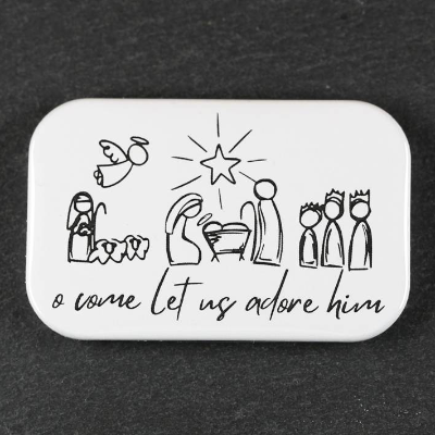 Rechteckiger Button / Magnet mit weihnachtlichem Krippenspiel-Motiv ~ 68x44mm