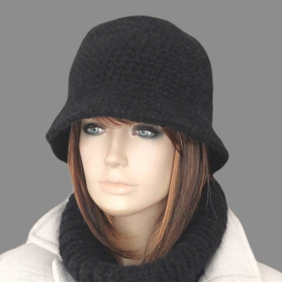 Bucket Hat, Wolle, Alpaka, schwarz, Eimerhut, Cloche Hut, gehäkelt, Mütze, Fischerhut, Strickmütze
