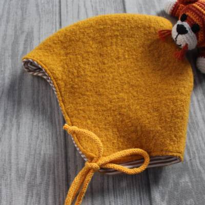Ockerfarbene Wollwalk-Mütze zum Binden, für Kopfumfang 34/36 bis 50/52 machbar, weitere 6 Farben machbar, gen