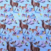 Baumwollstoff mit Hirsch, Bambi, Hasen, Eule, Weihnachtsstoff, Breite 1,40 m, Meterware, beige