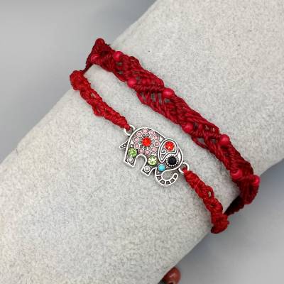 zierliches Makramee Armband 2in1 in rot mit silberfarbenem Elefant und kleinen Acrylperlen