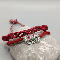 zierliches Makramee Armband 2in1 in rot mit silberfarbenem Elefant und kleinen Acrylperlen Bild 2
