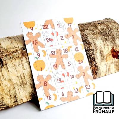 Adventskalender Postkarte A6 mit 24 Türchen, Lebkuchenmännchen – Weihnachtsgruß zum Verschicken