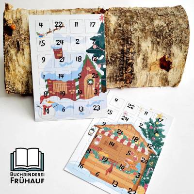 Adventskalender Postkarte A6 mit 24 Türchen – Weihnachtsmarkt, Überraschungsmotive & Adressfeld
