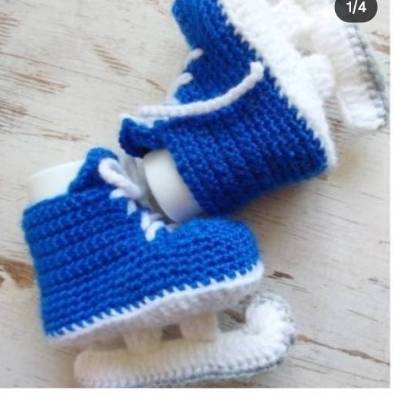 Gehäkelte Babyschuhe Schlittschuhe rosa blau Mädchen Junge Fußlänge ca. 9,5 cm