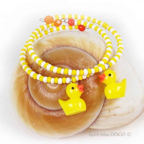 SET 2 Armreif, Ente Badeente gelb weiß orange Glasperlen, Freundschaft, Mutter Kind Schmuck, by BuntMixxDESIGN