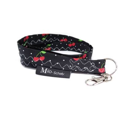 Schlüsselband Kirsche lang mit Karabiner Stoff Cherry schwarz Punkte dots