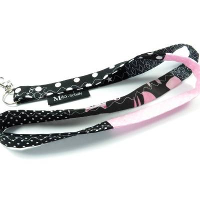 Schlüsselband lang mit Karabiner genäht Stoff Patchwork Schlüsselanhänger Einzelstück rosa schwarz