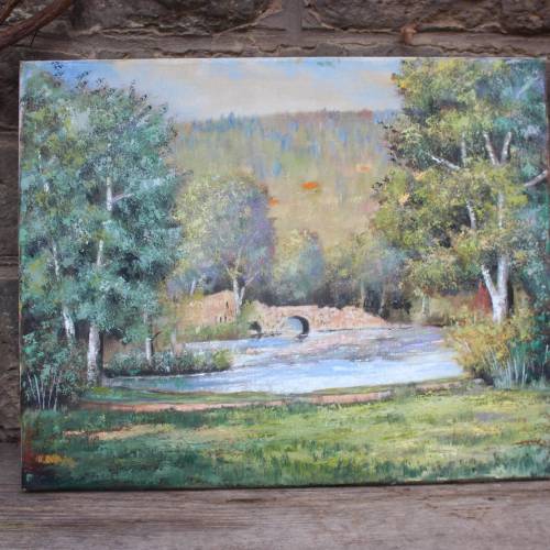 Ölbild Flusslandschaft mit Brücke und Wald Impressionistisch Vintage