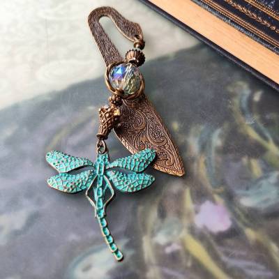 Buchzeichen Libelle Patina großes Bronze Lesezeichen Jade Perlen Luxus Geschenk zum Buch