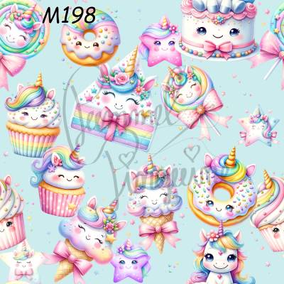 M198 „Kawaii Einhorn-Süßigkeiten – Bunte Regenbogen Cupcakes, Donuts & Lollis im Pastell-Stil