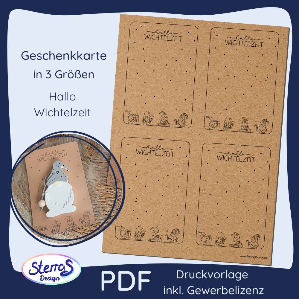 Geschenkkarten Weihnachten PDF – „Hallo Wichtelzeit“ – Digitale Druckvorlage für Geschenktüten, inkl. Gewerbelizenz Bild 1