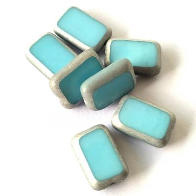 7 hellblaue rechteckige Glasperlen mit silberfarbenem Rand aus Tschechien – 12x8 mm Perlen