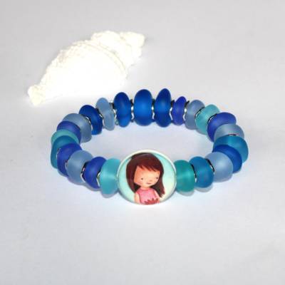 Armband, Armschmuck, Perlenarmband, Seaglass Nuggets, Silberscheiben, Gesicht,