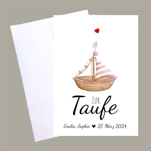 Taufkarte Mädchen & Junge – Handgemachte Glückwunschkarte mit Boot – Geschenk zur Taufe Patenkind