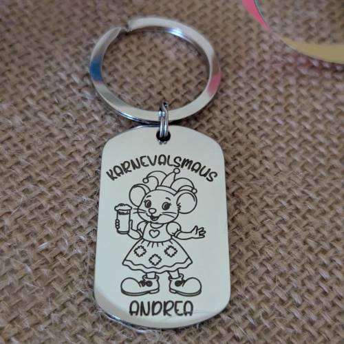 Karnevalsmaus Schlüsselanhänger– Personalisiert, rechteckig, rostfreier Edelstahl, tolles Accessoire für Karneval