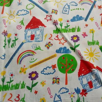 110 cm Reststück, Baumwollstoff, Kinderkritzeleien, Weiß-Bunt, 160 cm breit