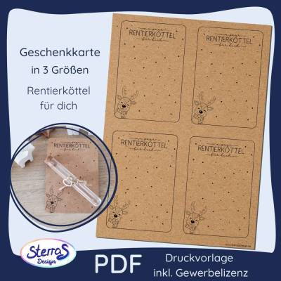 Druckvorlage Geschenkkarten Weihnachten PDF - „ein paar Rentierköttel für dich“ - inkl. Gewerbelizenz