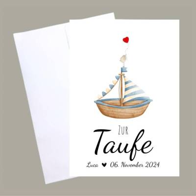 Taufkarte Mädchen & Junge – Handgemachte Glückwunschkarte mit Boot – Geschenk zur Taufe Patenkind