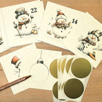 DIY Rubbel-Adventskalender Karten-Set mit Schneemännern zum Selbstbeschriften – 24 Karten & Rubbel-Aufkleber