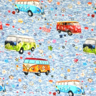 ♕ Alpenfleece Stoff mit bunten Bullis VW-Bus blau-melange 50x 150 cm Kuschelsweat ♕