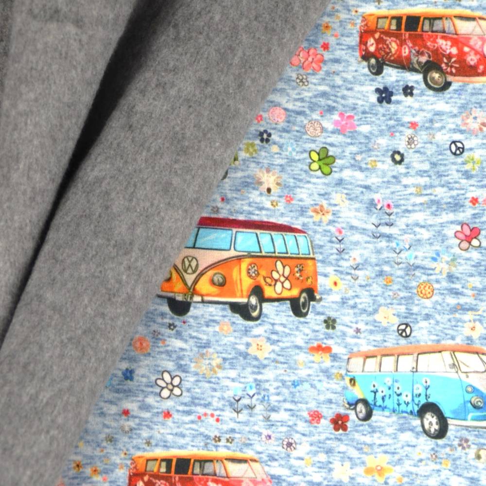 ♕ Alpenfleece Stoff mit bunten Bullis VW-Bus blau-melange 50x 150