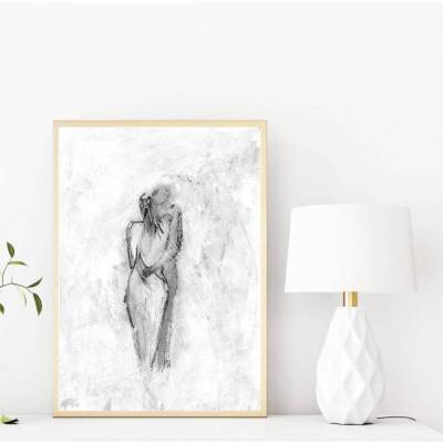 Abstrakter Kunstdruck Umarmung – Liebespaar Akt in Schwarz Weiß – DIN A4 Poster