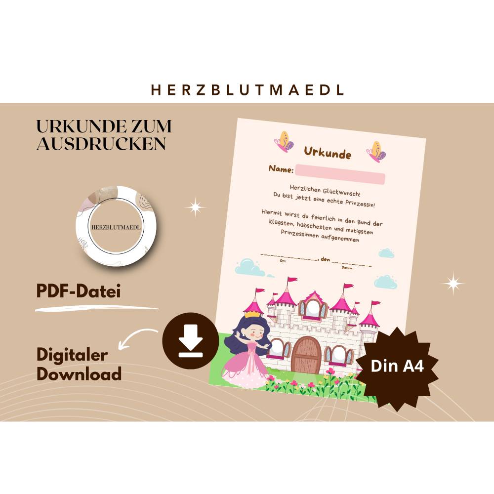 Urkunde  Prinzessin zum Ausdrucken – Märchenhafte Auszeichnung für Kindergeburtstag & Party Bild 1