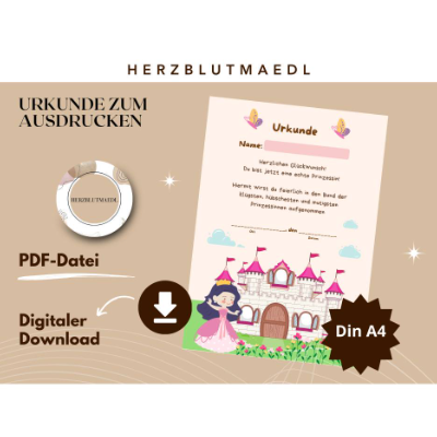 Urkunde  Prinzessin zum Ausdrucken – Märchenhafte Auszeichnung für Kindergeburtstag & Party