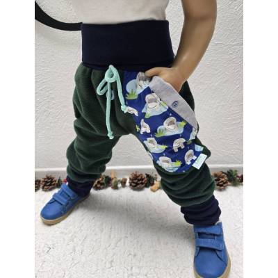 Warme Polarfleece Pumphose mit Flusspferd – Handmade Winterhose für Kinder Gr.98-104, mitwachsend & kuschelig