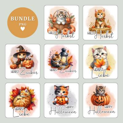 Herbstliche Katzen-Postkarten als digitales PNG-Bundle - zum Sofortdownload