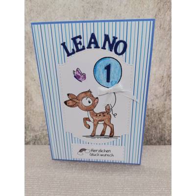 Personalisierte Glückwunschkarte Kindergeburtstag mit Rehlein – Handgemachte Geburtstagskarte für Junge/Mädchen