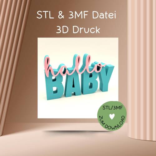 Schriftzug HALLO BABY, Digitale Datei, 3D-Druckdatei, STL bzw. 3MF-Format
