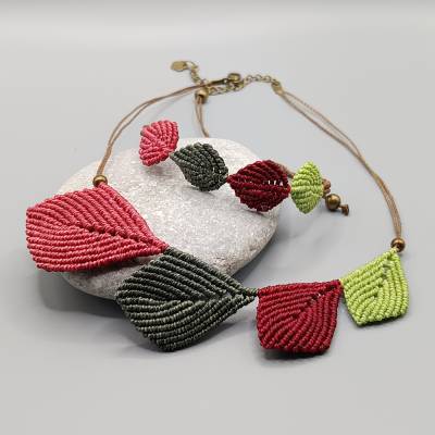 Makramee Schmuckset bestehend aus Kette und Armband Motiv Blätter 