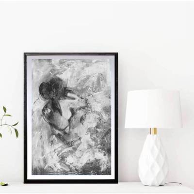 Kunstdruck Umarmung – Abstraktes Liebespaar Akt in Schwarz Weiß – Menschen Kunst Poste