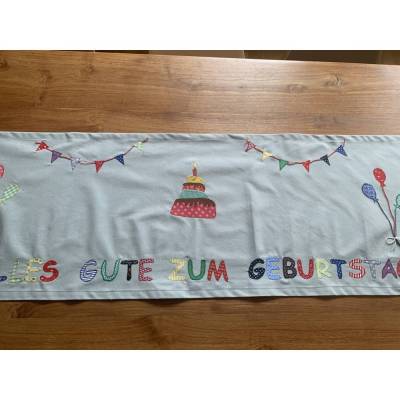 Wertiger Tischläufer *Alles Gute...* für den Geburtstagstisch mit zahlreichen bunten Applikationen, blau-grau, 45x140cm