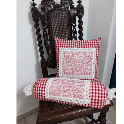 Vintagekissen & Nackenrolle aus handgewebtem Bauernleinen – Landhausstil Kissen 40x40cm, Nackenrolle 40x15cm