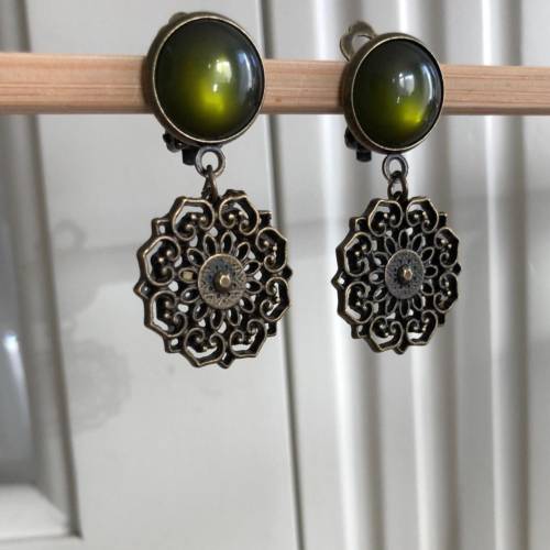Blumen Ohrclips bronze olivgrün