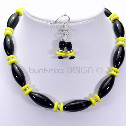 SET Kette + Ohrhänger schwarz-gelb, Glasperlen Oliven, Howlith, Unikat, made by BuntMixxDESIGN ©