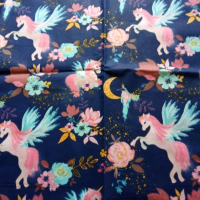 35 cm Reststück, Baumwollstoff, Einhorn, Blau, 160 cm breit